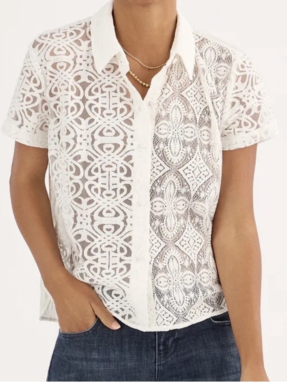 Cabi Mixed Lace Overlay Button Shirt